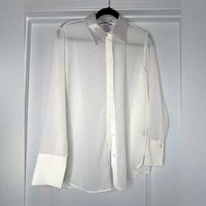H&M Sequin-collared sheer button down blouse shirt